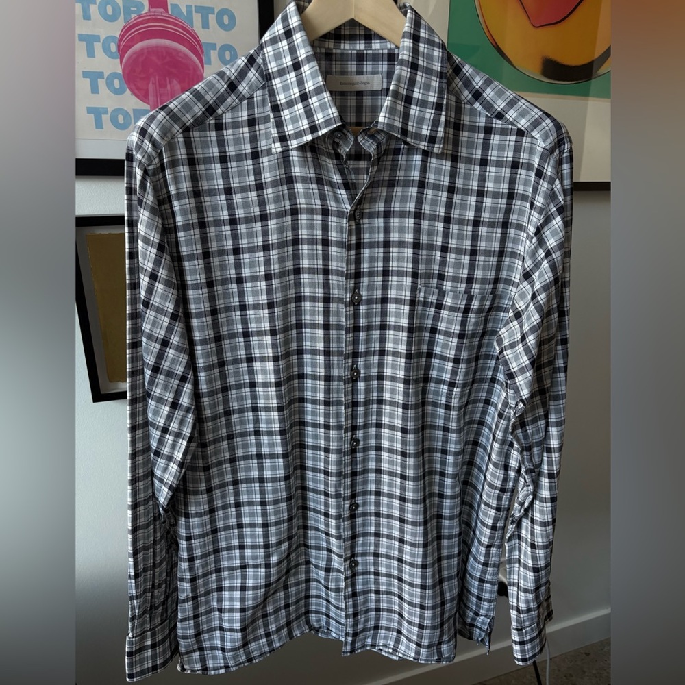 Ermenegildo Zegna Button Up Over Shirt Airy Loose Weave Lite Weight Gray Plaid L